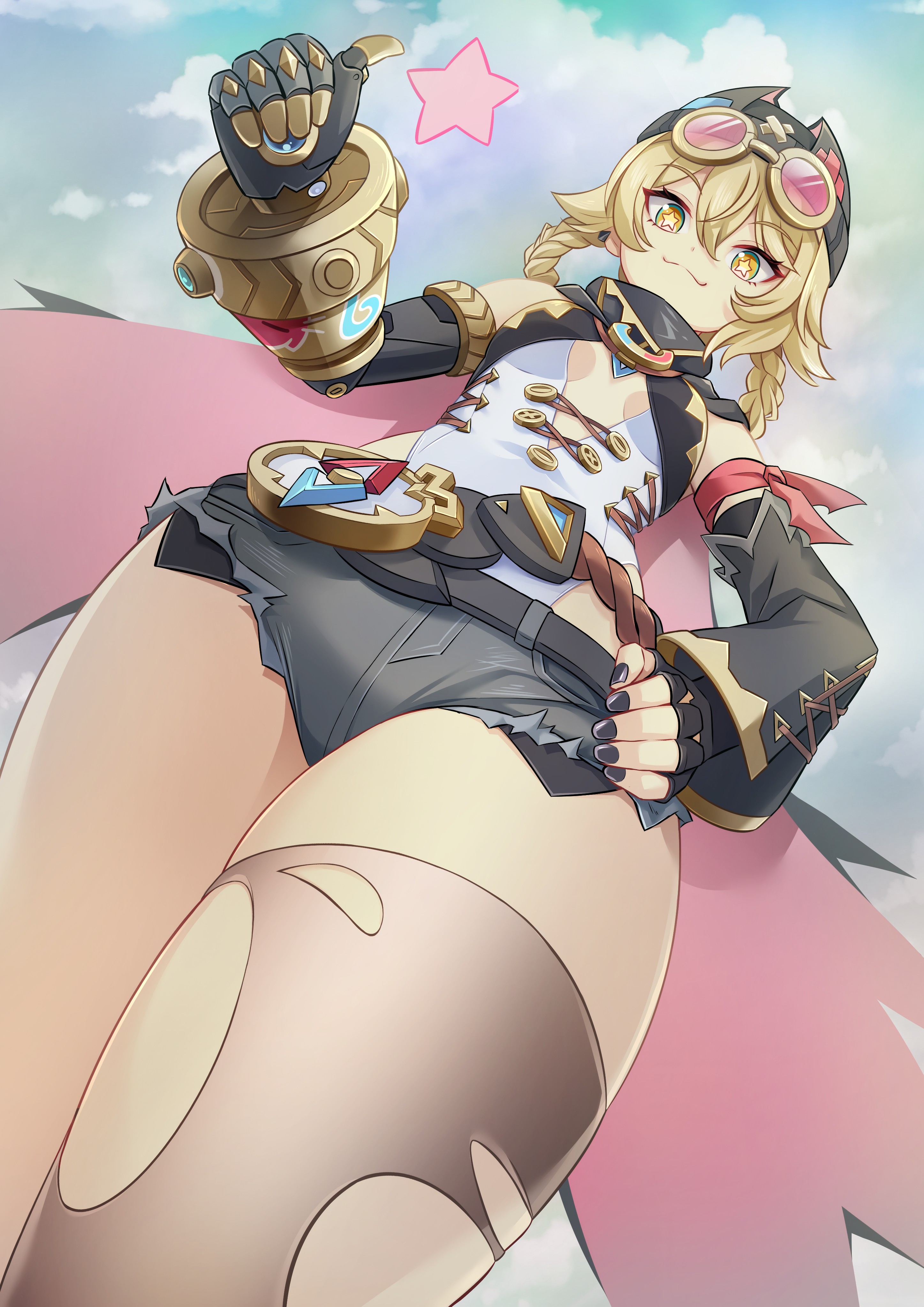 440 (straight440), jahoda (genshin impact), genshin impact, absurdres, commentary request, highres, 1girl, asymmetrical clothes, bandana around arm, beanie, belt, black belt, black hat, black nails, blonde hair, braid, braided hair rings, breasts, brown thighhighs, buttons, cape, center opening, closed mouth, compass, day, detached sleeves, earclip, exposed pocket, eyewear on head, fingerless gloves, fingernails, from below, gloves, green eyes, grey shorts, hair between eyes, hair rings, hand on own hip, hat, highleg, highleg leotard, leotard, looking at viewer, looking down, mechanical arms, multicolored eyes, nail polish, outdoors, pink-tinted eyewear, prosthesis, prosthetic arm, short shorts, shorts, single glove, single mechanical arm, single sleeve, single thighhigh, skindentation, sky, small breasts, smile, solo, star-shaped pupils, star (symbol), sunglasses, symbol-shaped pupils, thighhighs, thighs, thumbs up, tinted eyewear, torn clothes, torn thighhighs, x hat ornament, yellow-framed eyewear, yellow eyes