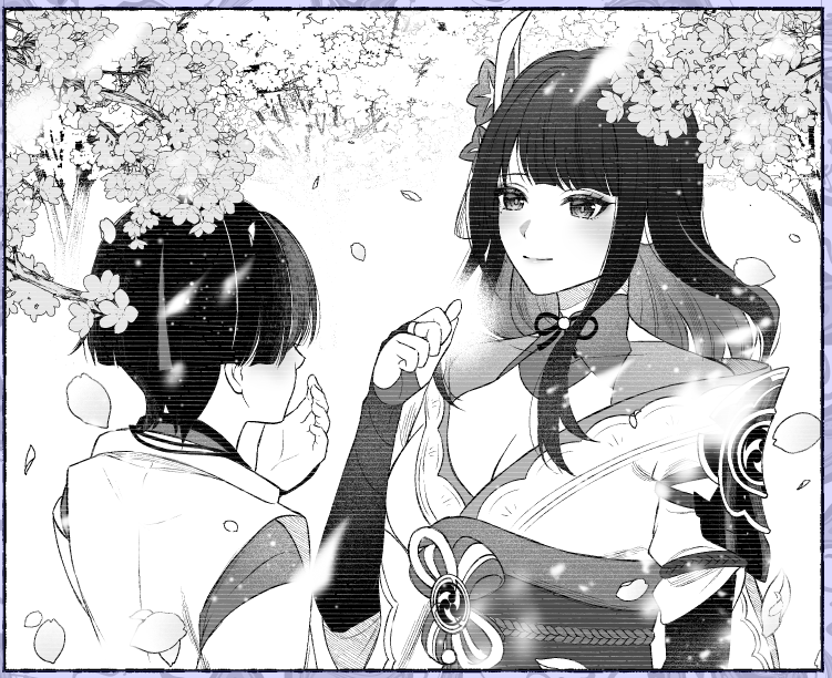 roge gnsn, raiden shogun, scaramouche (genshin impact), scaramouche (kabukimono) (genshin impact), genshin impact, commentary request, 1boy, 1girl, alternate universe, arm at side, armor, blunt bangs, blunt ends, breasts, bridal gauntlets, cleavage, clenched hand, closed mouth, clothing cutout, electro symbol (genshin impact), eyelashes, eyeshadow, facing another, falling petals, fingernails, flashback, flower, gem, greyscale, hair flower, hair ornament, hand up, height difference, japanese armor, japanese clothes, kariginu, kimono, kote, layered sleeves, long hair, long sidelocks, looking at another, makeup, medium breasts, middle ring, mitsudomoe (shape), monochrome, mother and son, obi, obiage, obijime, open hand, petals, plant, rope, sash, shoulder cutout, shrug (clothing), sidelocks, single sidelock, single sode, sleeves rolled up, smile, string, swept bangs, tassel, tassel hair ornament, three-quarter sleeves, tomoe (symbol), tsurime, vision (genshin impact)