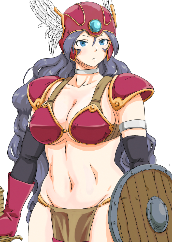 anbj, sugisaka umi, warrior (dq3), dragon quest, idolmaster, idolmaster cinderella girls, commentary request, 1girl, armor, black hair, blue eyes, breasts, choker, cosplay, gloves, hair between eyes, hat, helmet, holding, holding shield, holding weapon, loincloth, long hair, medium breasts, navel, red gloves, red hat, shield, standing, very long hair, warrior (dq3) (cosplay), weapon, winged helmet