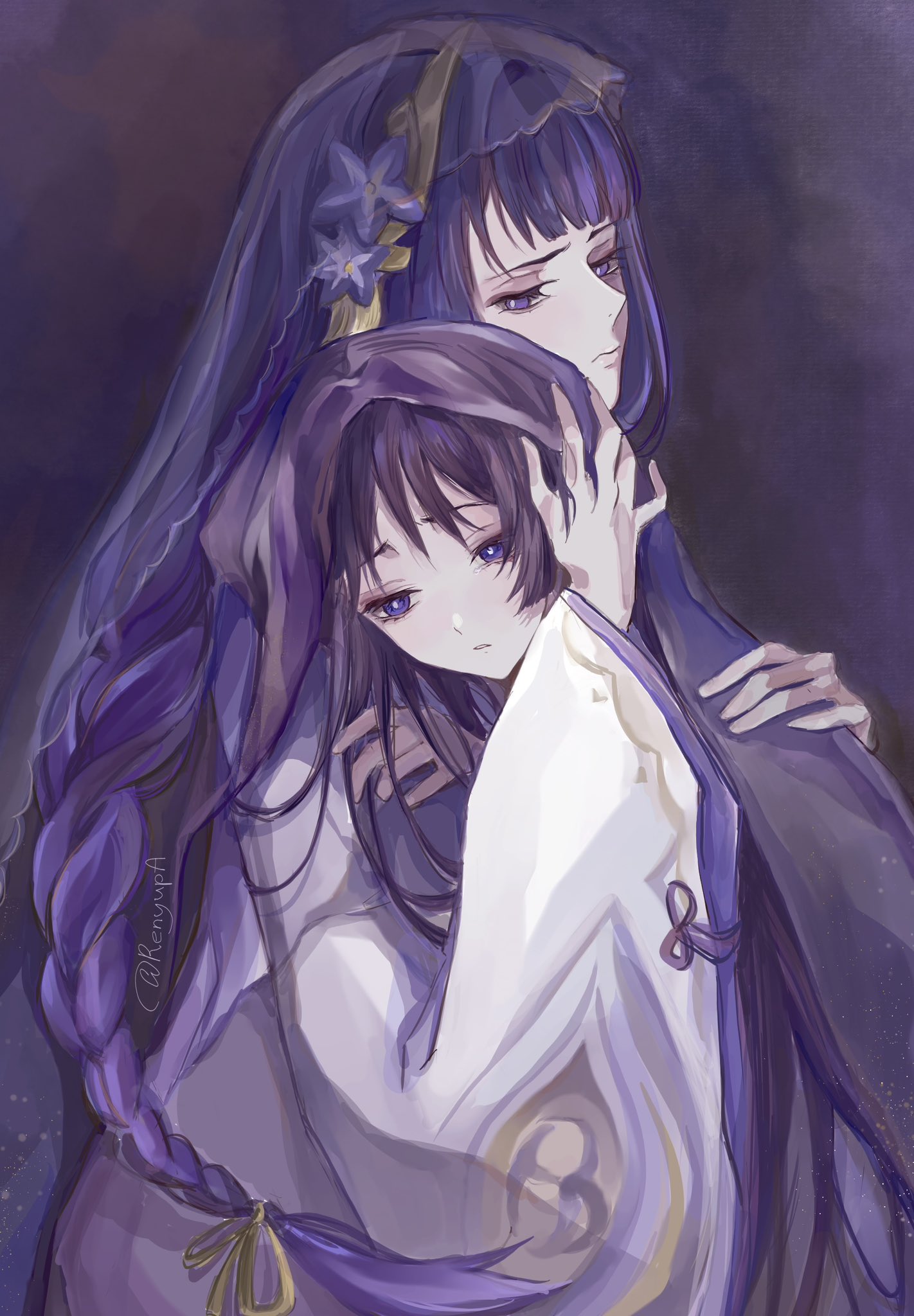 renyupa, raiden shogun, scaramouche (genshin impact), scaramouche (kabukimono) (genshin impact), genshin impact, hashtag-only commentary, highres, 1boy, 1girl, alternate hair length, alternate hairstyle, black hair, blunt bangs, braid, bright pupils, closed mouth, eyelashes, eyeliner, eyeshadow, flower, gold trim, hair flower, hair intakes, hair ornament, hair tie, hand on another's back, hand on another's head, head on another's shoulder, hug, layered sleeves, long hair, long sleeves, looking at another, looking down, low-braided long hair, low-tied long hair, makeup, mitsudomoe (shape), mother and son, open hands, parted lips, purple eyes, purple flower, purple hair, purple sleeves, purple veil, red eyeliner, red eyeshadow, see-through clothes, see-through veil, tassel, tassel hair ornament, tomoe (symbol), twitter username, veil, white mouth, white pupils, white sleeves, wide sleeves, wispy bangs