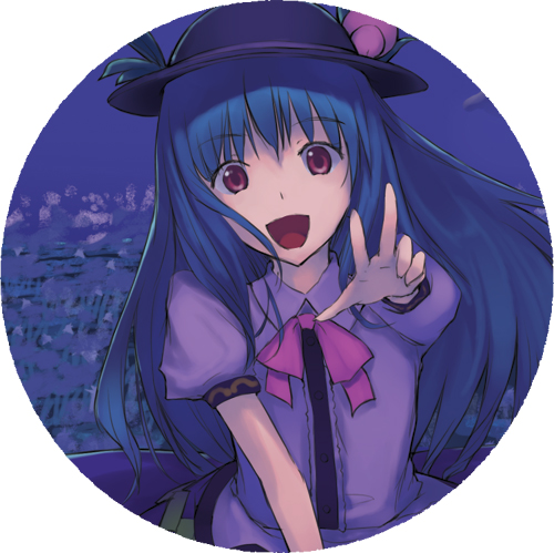 cior, hinanawi tenshi, touhou, lowres, 1girl, :d, blue hair, female focus, hat, long hair, looking at viewer, night, open mouth, outstretched hand, purple eyes, smile, solo