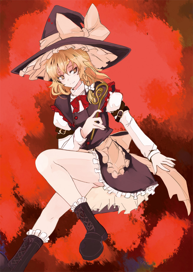 takaharu, kirisame marisa, touhou, 1girl, blonde hair, boots, female focus, hat, red background, solo, wand, witch, witch hat