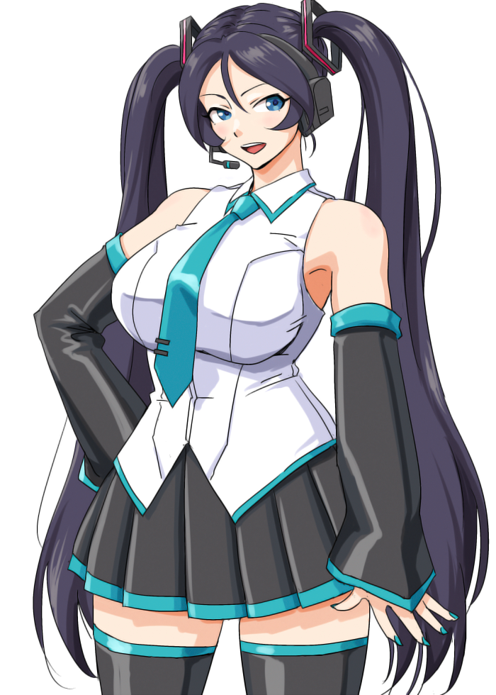 anbj, hatsune miku, sugisaka umi, idolmaster, idolmaster cinderella girls, commentary request, 1girl, alternate breast size (larger), alternate costume, aqua necktie, black hair, black thighhighs, blue nails, breasts, detached sleeves, headset, large breasts, necktie, pleated skirt, shirt, skirt, sleeveless, sleeveless shirt, thighhighs, twintails, white background, zettai ryouiki