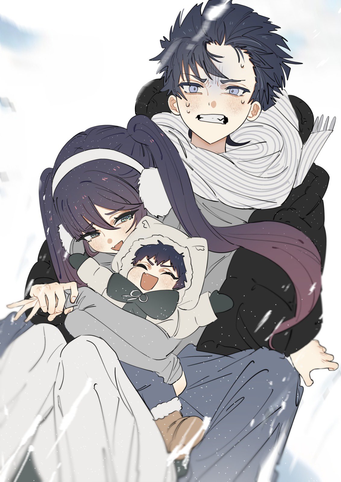 ysnden, mona (genshin impact), scaramouche (genshin impact), genshin impact, facing up, commentary, english commentary, highres, 1girl, 2boys, alternate universe, animal ear hood, aqua eyes, arms at sides, arms up, asymmetrical bangs, bangs pinned back, black hair, black hood, black jacket, black mittens, black mouth, black sleeves, blunt bangs, blunt ends, blurry, blush, boots, brown boots, clenched teeth, depth of field, drawstring, earmuffs, eyelashes, fake animal ears, family, fang, fingernails, fringe trim, fur-trimmed pants, fur trim, gradient hair, grey eyes, grey pants, grey shirt, grey sleeves, hair between eyes, hand grab, hetero, hood, hood down, hood up, hooded jacket, hug, hug from behind, if they mated, jacket, knees together feet apart, long hair, long sleeves, looking at another, looking at viewer, mittens, multicolored hair, multiple boys, open clothes, open jacket, outdoors, padded jacket, pants, pink hair, scarf, shirt, sidelocks, sitting, sitting between lap, skin fang, snow, striped clothes, striped scarf, swept bangs, teeth, tsurime, turn pale, twintails, undershirt, white hood, white jacket, white pants, white scarf, winter clothes