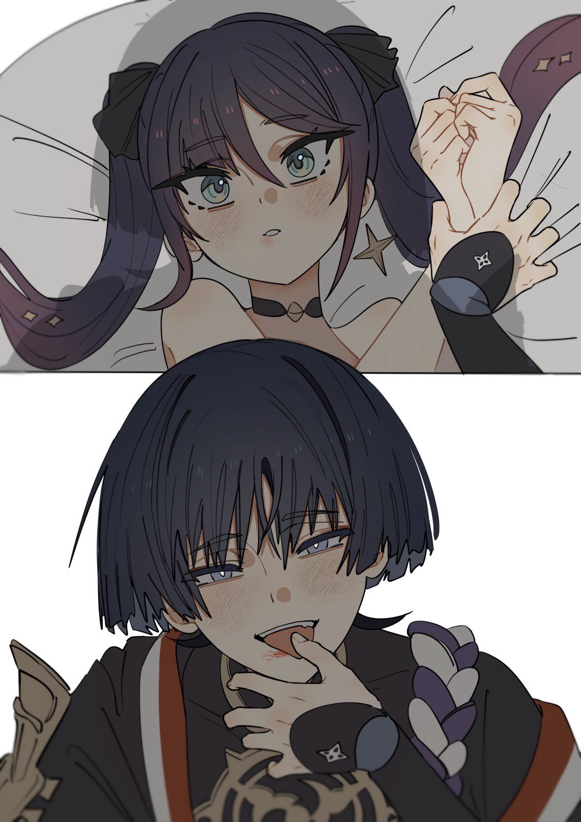 ysnden, mona (genshin impact), scaramouche (genshin impact), genshin impact, commentary, english commentary, highres, 1boy, 1girl, aqua eyes, armor, asymmetrical bangs, bare shoulders, black bodysuit, black choker, black hair, black kimono, black ribbon, black sleeves, blood on mouth, blunt bangs, blunt ends, blush, bodysuit, bound, bound wrists, boy on top, bright pupils, choker, choppy bangs, clenched hands, colored inner hair, couple, covered collarbone, earrings, eyelashes, eyeliner, eyeshadow, gold, gold earrings, grey eyes, grey hair, hair between eyes, hair ribbon, hand on own chin, hand up, head tilt, hetero, holding another's wrists, injury, japanese armor, japanese clothes, jewelry, juban, kimono, kote, kurokote, long hair, looking at viewer, lying, makeup, mitsudomoe (shape), multicolored hair, multiple pov, multiple views, neck ring, on back, on bed, open clothes, open hand, open kimono, open mouth, own hands together, pink hair, possessive, pov, purple rope, red eyeliner, red eyeshadow, red kimono, ribbon, rope, shadow, shimenawa, sidelocks, single off shoulder, single sode, split screen, star (symbol), star earrings, star print, swept bangs, teeth, tomoe (symbol), tongue, tongue out, tsurime, twintails, upper teeth only, white kimono, white mouth, white pupils, white rope, wide-eyed