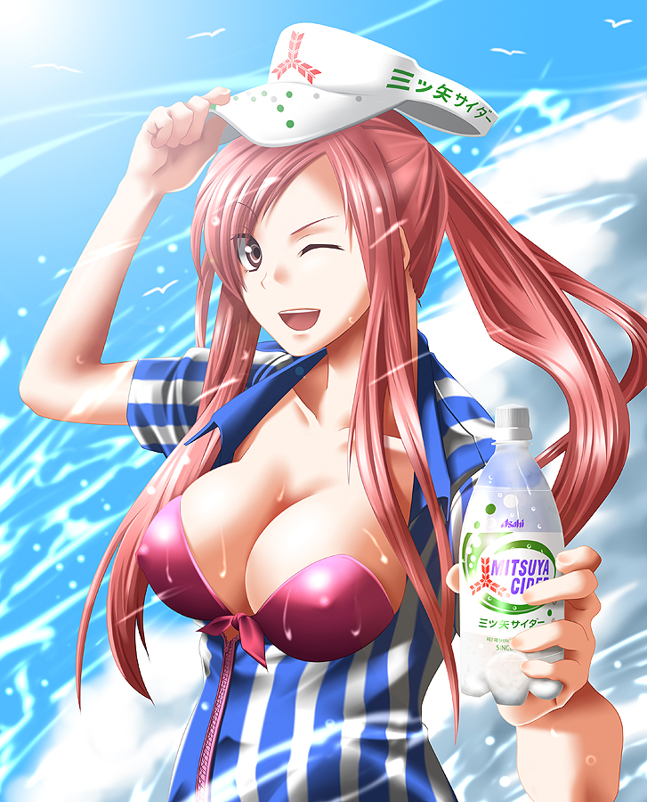 uron-rei, mitsuya cider, bad id, bad pixiv id, 1girl, breasts, brown eyes, cleavage, covered erect nipples, female focus, large breasts, long hair, one eye closed, ponytail, red hair, solo, water, wet, wink
