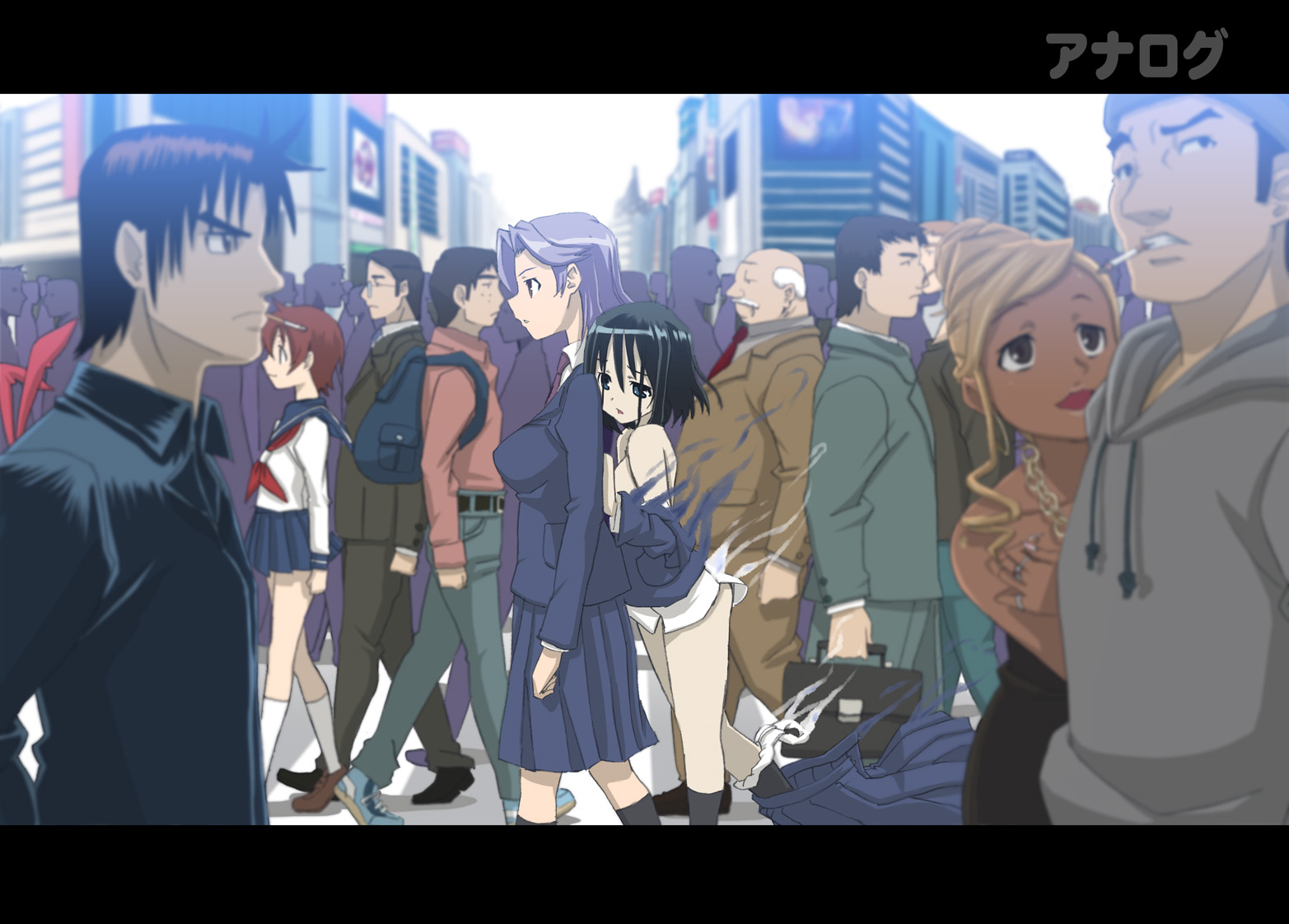 wadapen, amae koromo, asada tetsuya, kajiki yumi, miyanaga saki, touyoko momoko, gambler densetsu tetsuya, legendary gambler tetsuya, saki (manga), 00s, 4girls, 6+boys, black hair, bottomless, cigarette, clothes pull, dissolving clothes, legendary gambler tesuya, letterboxed, multiple boys, multiple girls, panties, panties around leg, purple hair, school uniform, serafuku, skirt, skirt around one leg, skirt pull, torn clothes, underwear, undressing