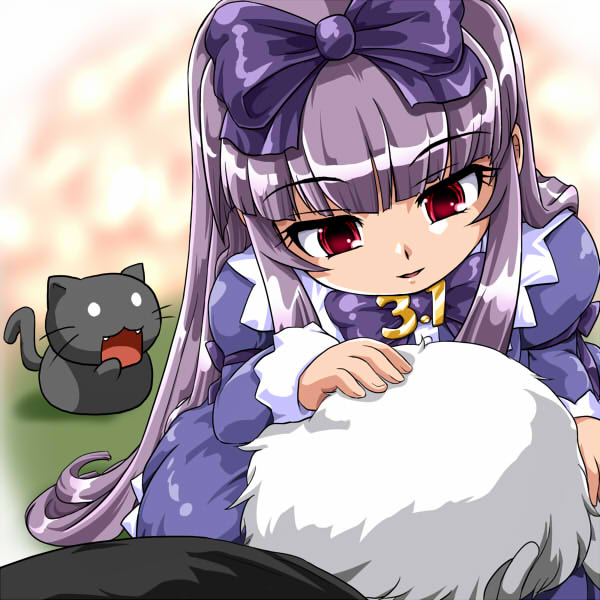 toushi ryoku, 3.1-tan, dos cat, os-tan, 1boy, 1girl, cat, dress, grey hair, long hair, red eyes, ribbon