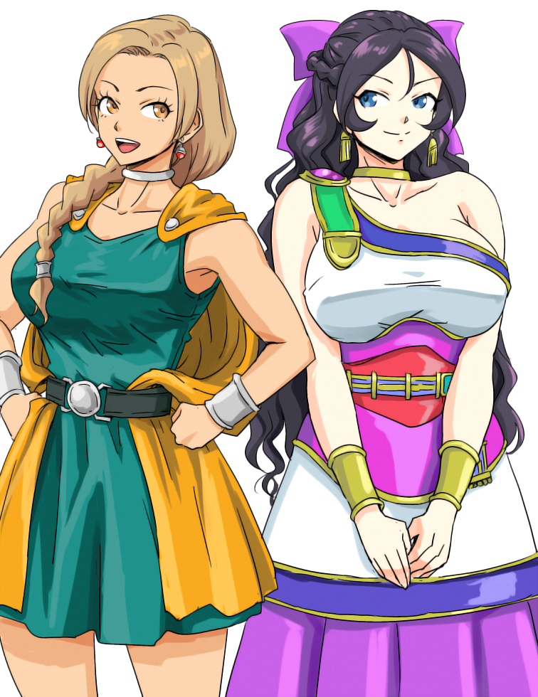anbj, bianca (dq5), flora (dq5), matsunaga ryo, sugisaka umi, dragon quest, dragon quest v, idolmaster, idolmaster cinderella girls, character request, commentary request, cosplay request, 2girls, :d, alternate costume, belt, bianca (dq5) (cosplay), blue eyes, bow, bracelet, braid, breasts, brown eyes, brown hair, cape, choker, cosplay, earrings, flora (dq5) (cosplay), hands on own hips, jewelry, large breasts, long hair, medium breasts, multiple girls, open mouth, purple bow, smile, standing, very long hair, white background, yellow cape