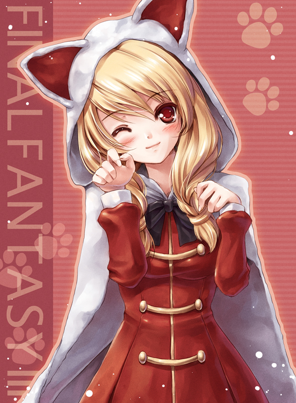 miyase mahiro, devout, seer, white mage (final fantasy), final fantasy, final fantasy iii, 1990s (style), 1girl, animal hood, blonde hair, blush, braid, cat hood, copyright name, female focus, hood, long hair, one eye closed, paw pose, red eyes, retro artstyle, ribbon, smile, solo, wink