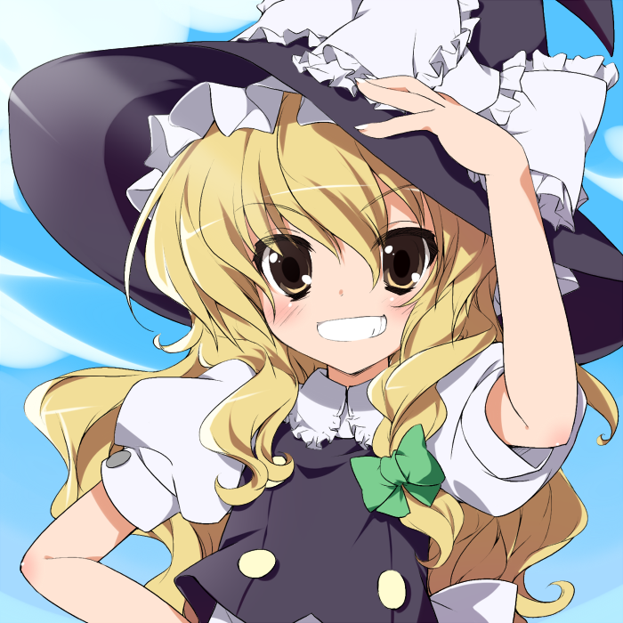 gotou nao, kareha aki, kirisame marisa, touhou, colorized, 1girl, blonde hair, blue sky, buttons, cloud, day, female focus, grin, hair ribbon, hand on own hip, hat, hat ribbon, ribbon, sky, smile, solo, upper body, witch, witch hat, yellow eyes