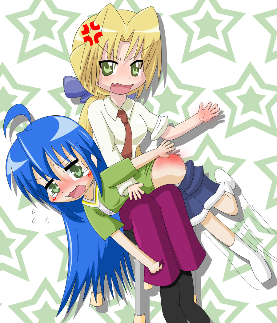 izumi konata, kuroi nanako, lucky star, 00s, bent over, blonde hair, blue hair, green eyes, long hair, panties, panty pull, ponytail, spanked, underwear, yuri