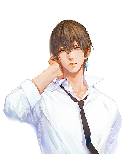 lm 0063, adventurer (ff14), warrior of light (ff14), final fantasy, final fantasy xiv, 1boy, black necktie, blue eyes, brown hair, collared shirt, earrings, hair between eyes, hand on own neck, jewelry, looking at viewer, male focus, necktie, parted lips, shirt, short hair, single earring, sleeves rolled up, solo, upper body, white background, white shirt