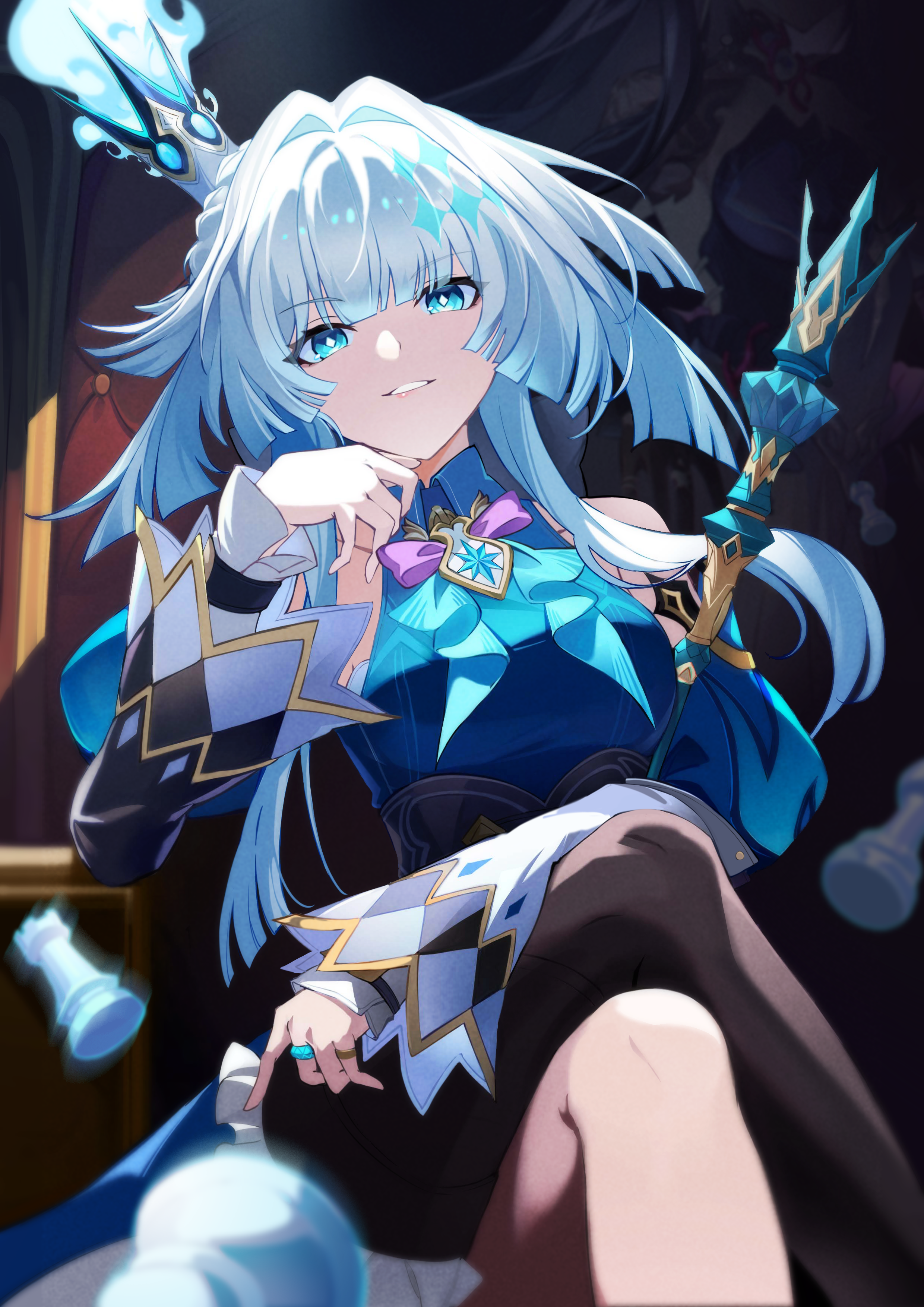 feng zhu shang beo hen, cerydra (honkai: star rail), hysilens (honkai: star rail), honkai: star rail, honkai (series), absurdres, commentary request, highres, 2girls, aqua eyes, aqua hair, asymmetrical legwear, black thighhighs, blue shirt, chess piece, collarbone, collared shirt, crossed legs, crown, diamond-shaped pupils, diamond (shape), hair intakes, jewelry, knight (chess), long sleeves, multicolored hair, multiple girls, parted lips, ring, scepter, shirt, single thighhigh, sleeveless, sleeveless shirt, solo focus, symbol-shaped pupils, thighhighs, tilted headwear, white hair, wide sleeves