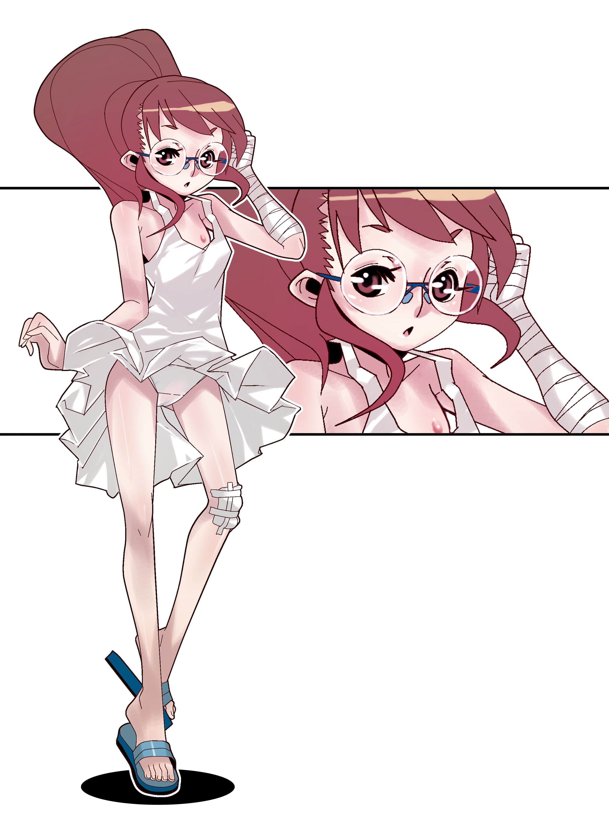 fengmo, original, absurdres, highres, 1girl, bandages, brown eyes, brown hair, female focus, flip-flops, glasses, panties, pantyshot, ponytail, sandals, solo, underwear, upskirt, white panties, wind, wind lift