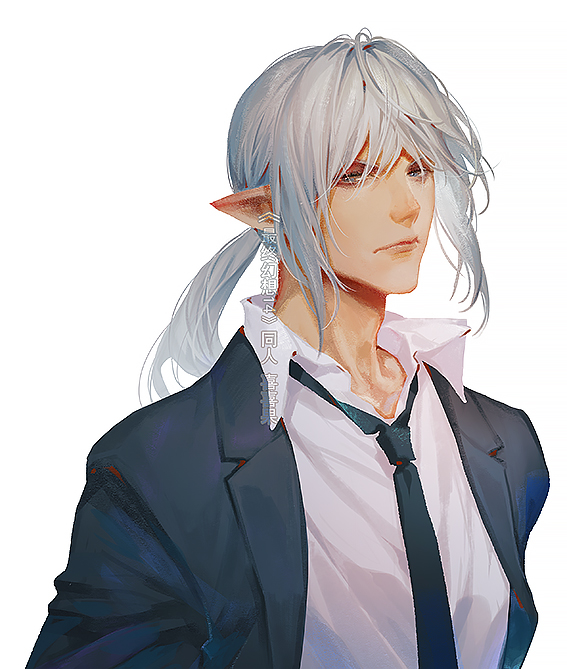 lm 0063, estinien varlineau, final fantasy, final fantasy xiv, 1boy, black jacket, black necktie, closed mouth, collared shirt, elezen, elf, grey hair, hair between eyes, jacket, male focus, necktie, pointy ears, ponytail, shirt, sidelocks, solo, suit jacket, upper body, white background, white shirt