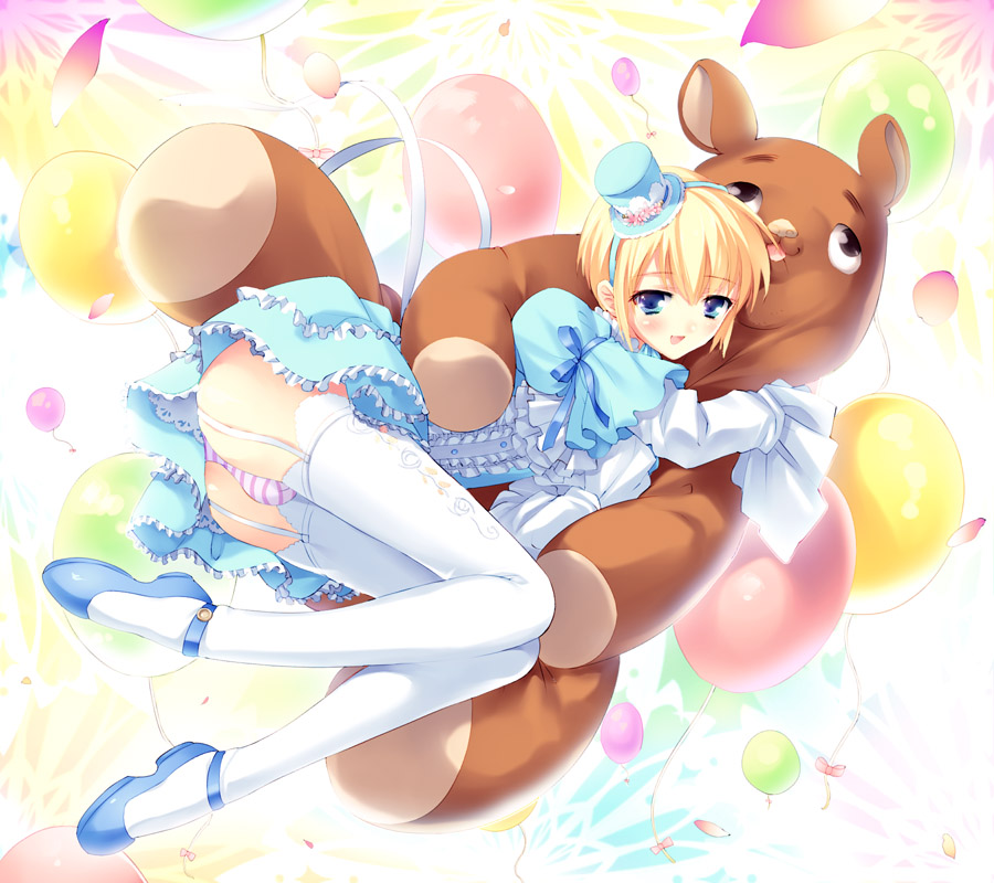 mizuto umi (blue monday), original, bad id, bad pixiv id, 1boy, bear, blonde hair, blue eyes, bulge, crossdressing, crossdressing (mtf), frills, garter straps, hat, lolita fashion, male focus, mini hat, mini top hat, panties, pantyshot, short hair, shota, solo, striped clothes, striped panties, thighhighs, top hat, trap, underwear, upskirt