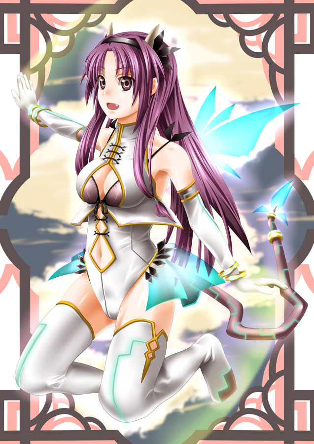 uron-rei, bad id, bad pixiv id, 1girl, breasts, brown eyes, cleavage, elbow gloves, fang, female focus, gloves, horns, large breasts, long hair, purple hair, solo, tail, white gloves, wings