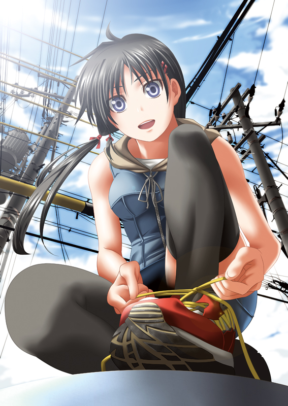 uron-rei, original, bad id, bad pixiv id, 1girl, black hair, black thighhighs, blue eyes, breasts, day, female focus, hair ornament, long hair, open mouth, outdoors, shoes, sky, sneakers, solo, thighhighs