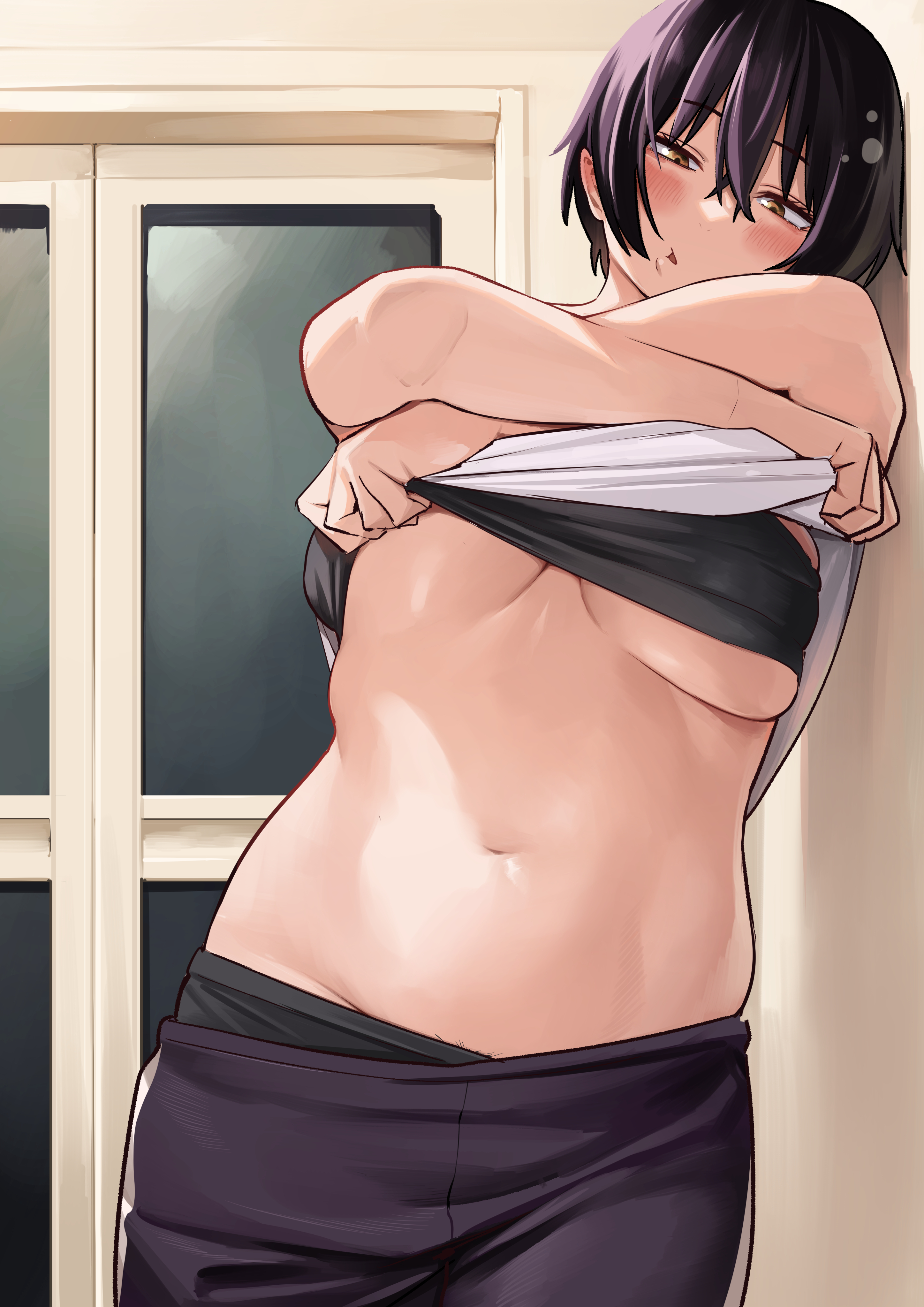 izumida fuyuki, yotaka aoi, yotaka futatabi, absurdres, commentary request, highres, official art, 1girl, black bra, black hair, blush, bra, breasts, brown eyes, drunk, eyelashes, large breasts, navel, plump, sagging breasts, shirt, short hair, solo, standing, tank top, underwear, undressing, white shirt, white tank top