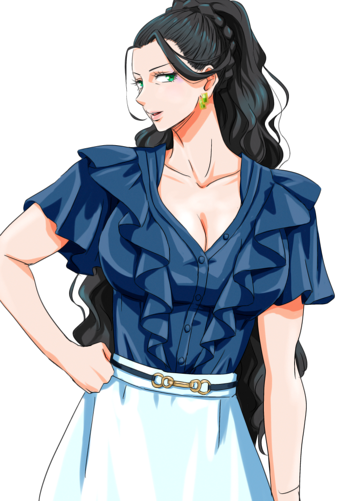 anbj, executive mishiro, idolmaster, idolmaster cinderella girls, commentary request, 1girl, arm at side, black hair, blue shirt, braid, breasts, cleavage, clenched hand, earrings, green eyes, hand on own hip, jewelry, long hair, shirt, short sleeves, simple background, solo, standing, very long hair, white background