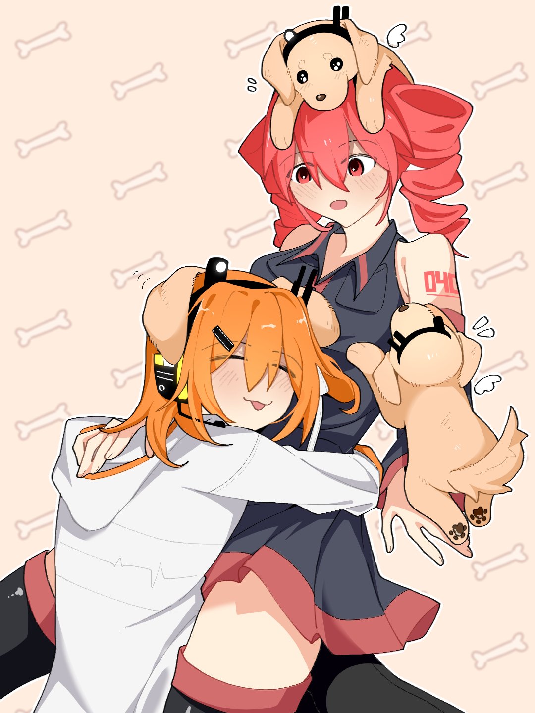 yi xing luren, adachi rei, kasane teto, kasane teto (utau), a.i. voice, utau, commentary request, highres, :3, animal ears, baby animal, blush, detached sleeves, dog, dog ears, dog tail, drill hair, grey shirt, happy, jacket, orange hair, puppy, red eyes, red hair, shirt, tail, tongue, twin drills, white jacket, yuri