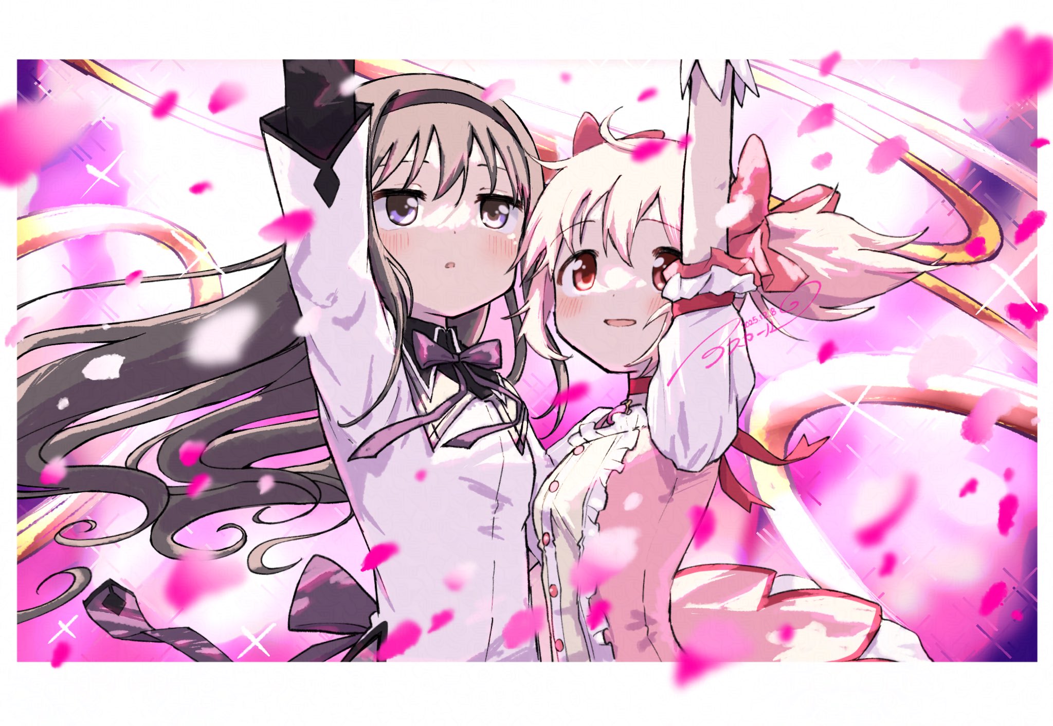 asukaru (magika ru), akemi homura, akemi homura (magical girl), kaname madoka, kaname madoka (magical girl), mahou shoujo madoka magica, mahou shoujo madoka magica (anime), highres, 2girls, arm up, black hair, blurry, blurry foreground, blush, border, bow, dress, gloves, hair bow, long hair, long sleeves, magical girl, multiple girls, open mouth, petals, pink bow, pink dress, pink eyes, pink hair, purple eyes, shirt, short hair, short sleeves, short twintails, signature, twintails, upper body, white border, white gloves, white shirt