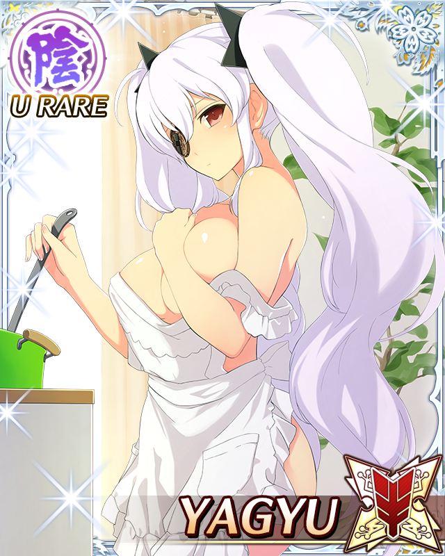 yagyu (senran kagura), senran kagura, senran kagura new wave, game cg, official art, third-party source, 1girl, apron, border, breasts, card (medium), character name, closed mouth, cooking, covering one breast, covering privates, dot mouth, eyepatch, frilled apron, frills, holding, holding ladle, ladle, large breasts, long hair, looking at viewer, looking to the side, naked apron, red eyes, shuriken hair ornament, solo, twintails, very long hair, white apron, white hair