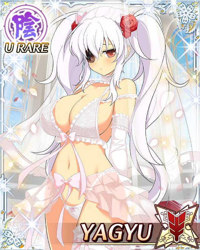 yagyu (senran kagura), senran kagura, senran kagura new wave, game cg, official art, third-party source, 1girl, arms behind head, bikini, border, breasts, bridal legwear, bridal lingerie, bridal veil, bride, card (medium), character name, choker, cleavage, closed mouth, dot mouth, elbow gloves, eyepatch, frilled choker, frills, gloves, highleg, highleg bikini, lace, lace-trimmed thighhighs, lace trim, large breasts, light blush, lingerie, long hair, looking at viewer, navel, panties, red eyes, see-through clothes, see-through skirt, single thighhigh, skirt, solo, swimsuit, thighhighs, twintails, underwear, veil, very long hair, white choker, white gloves, white hair, white panties, white thighhighs