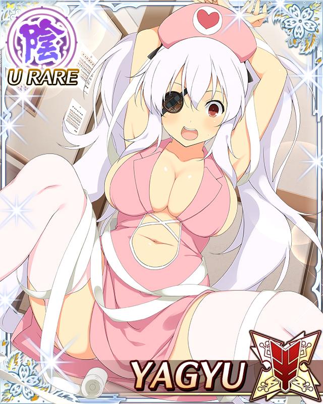 yagyu (senran kagura), senran kagura, senran kagura new wave, game cg, official art, third-party source, 1girl, :o, arms up, bandages, border, bound, bound wrists, breasts, card (medium), character name, cleavage, clothing cutout, coat, eyepatch, garter straps, hat, heart, heart print, indoors, large breasts, long hair, looking at viewer, navel, navel cutout, nurse, nurse cap, panties, panty peek, pink coat, pink hat, red eyes, shuriken hair ornament, sitting, skindentation, solo, spread legs, surprised, teeth, thighhighs, twintails, underwear, upper teeth only, very long hair, white garter straps, white hair, white thighhighs