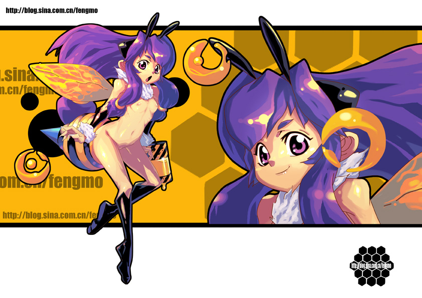 fengmo, original, 1girl, antennae, arthropod girl, bee, bee girl, bug, flat chest, honeycomb background, honeycomb pattern, kneehighs, long hair, monster girl, nude, purple eyes, purple hair, socks, wings