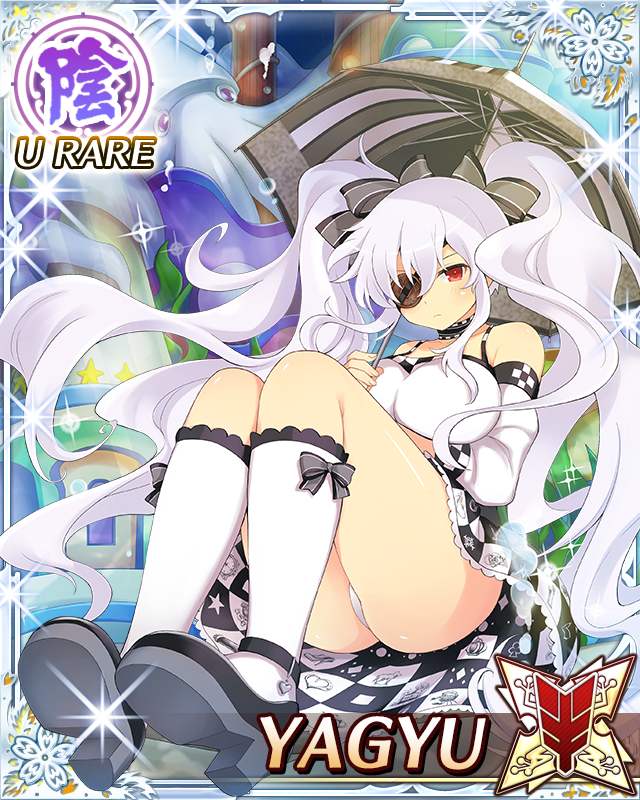 yagyu (senran kagura), senran kagura, senran kagura new wave, game cg, official art, third-party source, 1girl, ankle socks, black choker, black shoes, border, breasts, card (medium), character name, choker, detached sleeves, dress, eyepatch, holding, holding umbrella, large breasts, light frown, long hair, looking at viewer, panties, red eyes, shoes, sitting, socks, solo, twintails, umbrella, underwear, very long hair, white dress, white hair, white panties