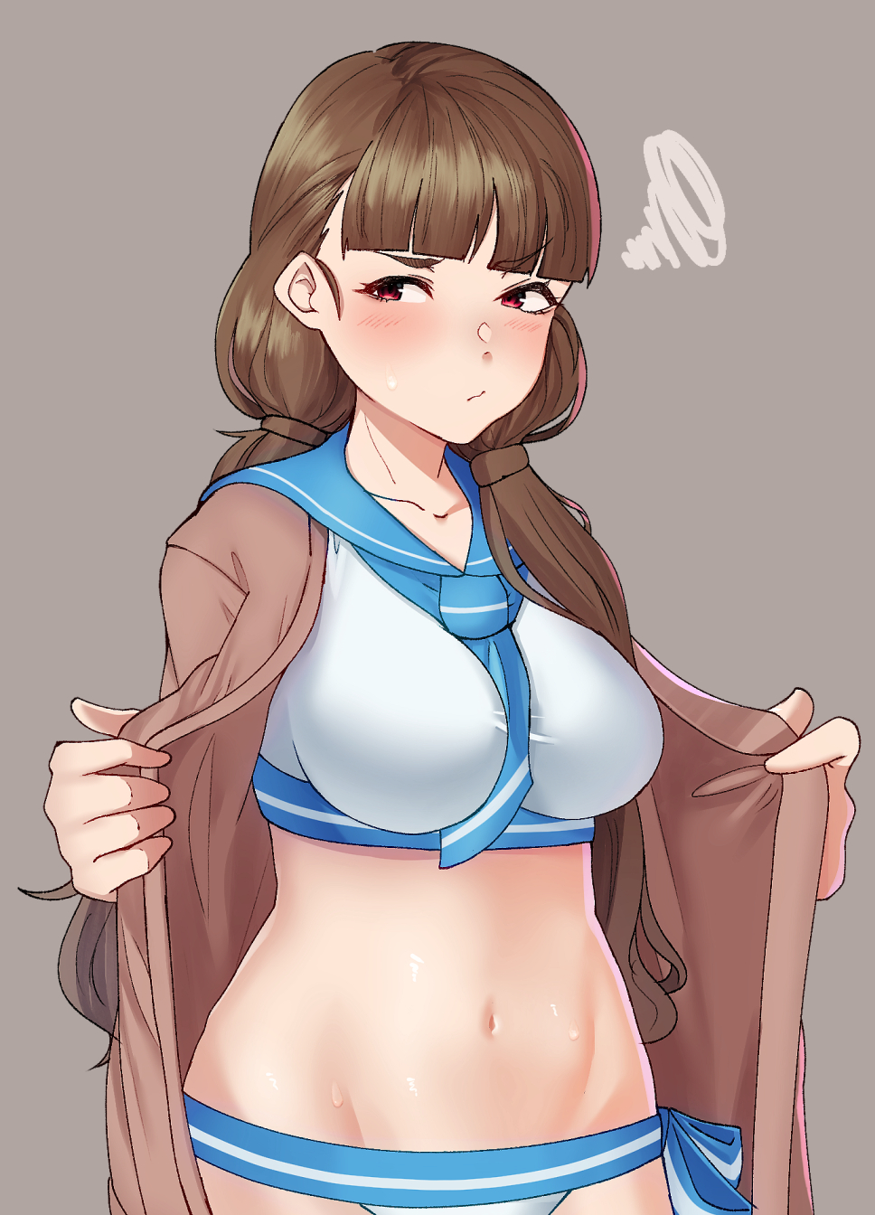 nenjuu (nenju114514), kamiya nao, idolmaster, idolmaster cinderella girls, commentary request, highres, 1girl, between breasts, bikini, blue neckerchief, blue sailor collar, blunt bangs, blush, breasts, brown shirt, coat, grey background, long hair, navel, neckerchief, open clothes, open coat, red eyes, sailor bikini, sailor collar, sailor swimsuit (idolmaster), shirt, simple background, standing, swimsuit, white bikini