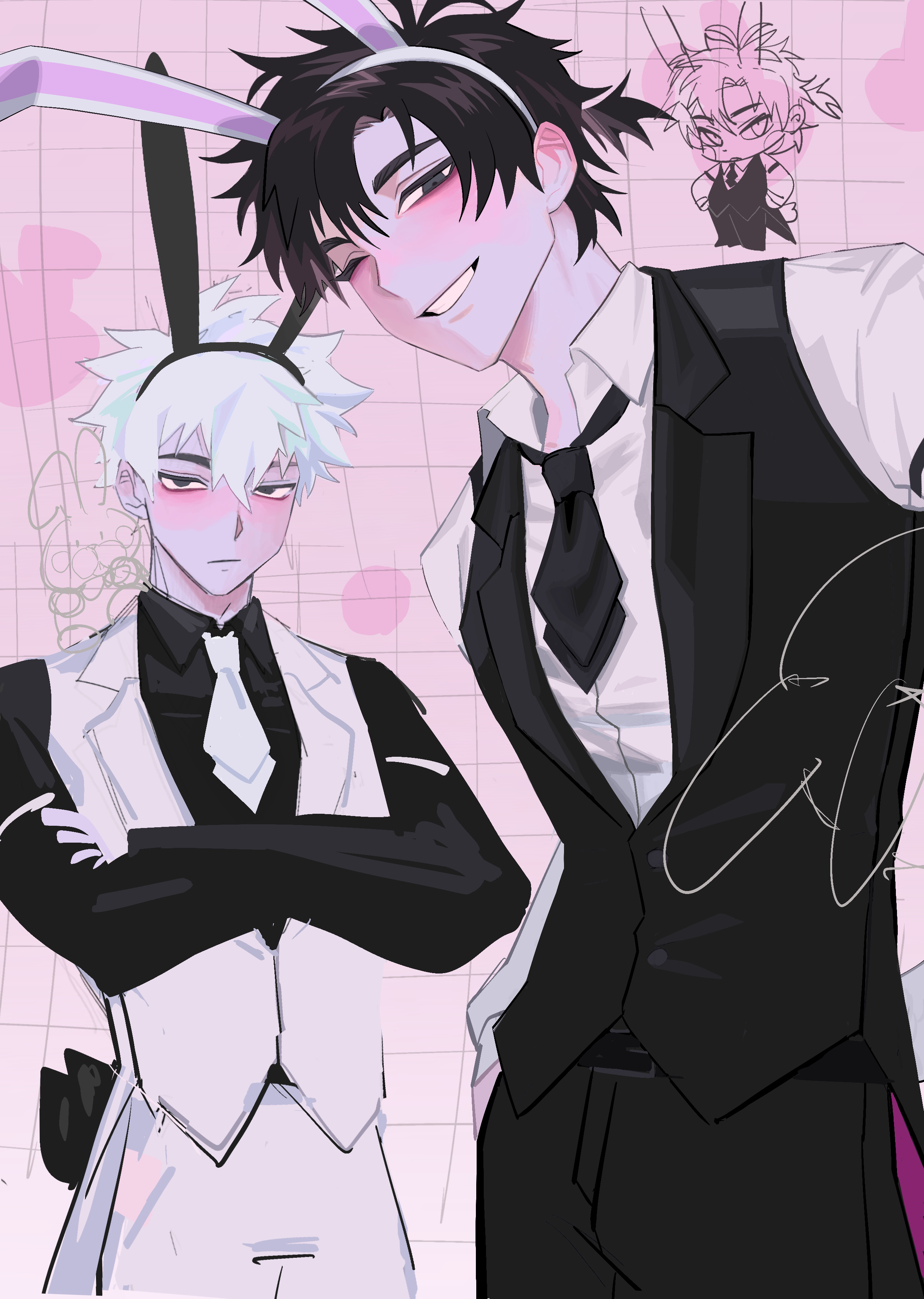 samong, cheng xiaoshi, lu guang, shiguang dailiren, absurdres, commentary request, highres, 2boys, alternate costume, animal ears, antenna hair, belt, black belt, black eyes, black hair, black necktie, black pants, black shirt, black vest, blush, chibi, chibi inset, closed mouth, collared shirt, cowboy shot, crossed arms, doodle inset, fake animal ears, grin, hair between eyes, heart, long sleeves, looking at viewer, male focus, male playboy bunny, multiple boys, necktie, one eye closed, pants, pink background, pink theme, ponytail, rabbit ears, rabbit tail, shirt, short hair, short ponytail, smile, tail, teeth, vest, white hair, white necktie, white pants, white shirt, white vest