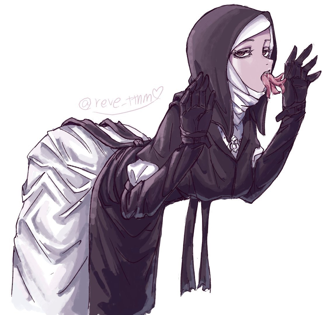 undertaker (elden ring), elden ring, elden ring nightreign, commentary request, 1girl, against wall, ass, bent over, black capelet, black gloves, black hood, capelet, dress, elbow gloves, from side, gloves, hands up, jewelry, licking, looking at viewer, mouth tentacles, necklace, nun, pelvic curtain, reve ttnm, signature, solo, twitter username, white background, white coif, white dress, yellow eyes