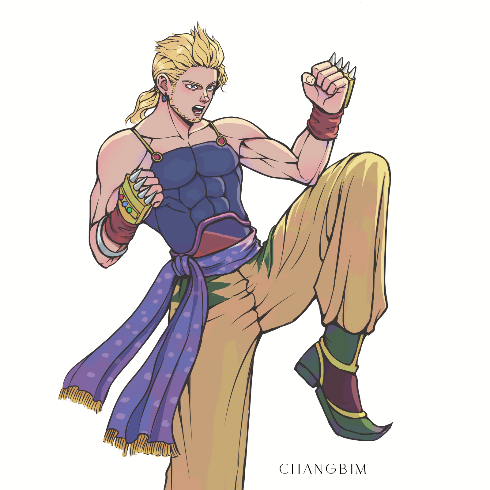 changbim13, sabin rene figaro, final fantasy, final fantasy vi, commentary, english commentary, highres, 1boy, artist name, baggy pants, bare shoulders, beard, blonde hair, blue eyes, blue shirt, chinstrap beard, claw (weapon), clenched hands, earrings, facial hair, fighting stance, jewelry, low ponytail, male focus, medium hair, muscular, muscular male, open mouth, pants, pointy shoes, ponytail, sash, shirt, shoes, solo, standing, standing on one leg, waist sash, weapon, white background, yellow pants