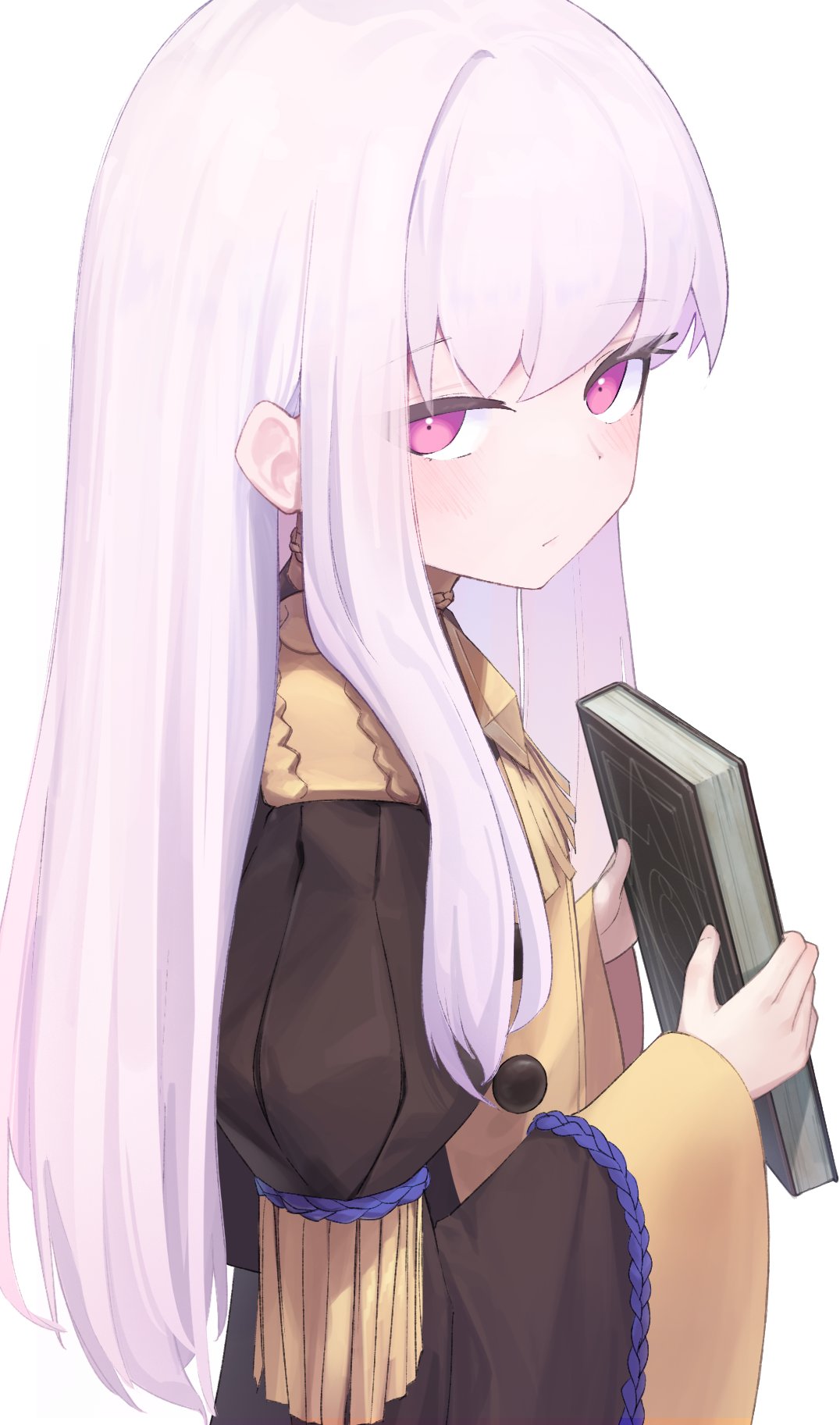 dokon, lysithea von ordelia, fire emblem, fire emblem: three houses, nintendo, highres, 1girl, black dress, blush, book, closed mouth, dress, epaulettes, garreg mach monastery uniform, holding, holding book, long hair, long sleeves, looking at viewer, pink eyes, simple background, solo, upper body, white background, white hair