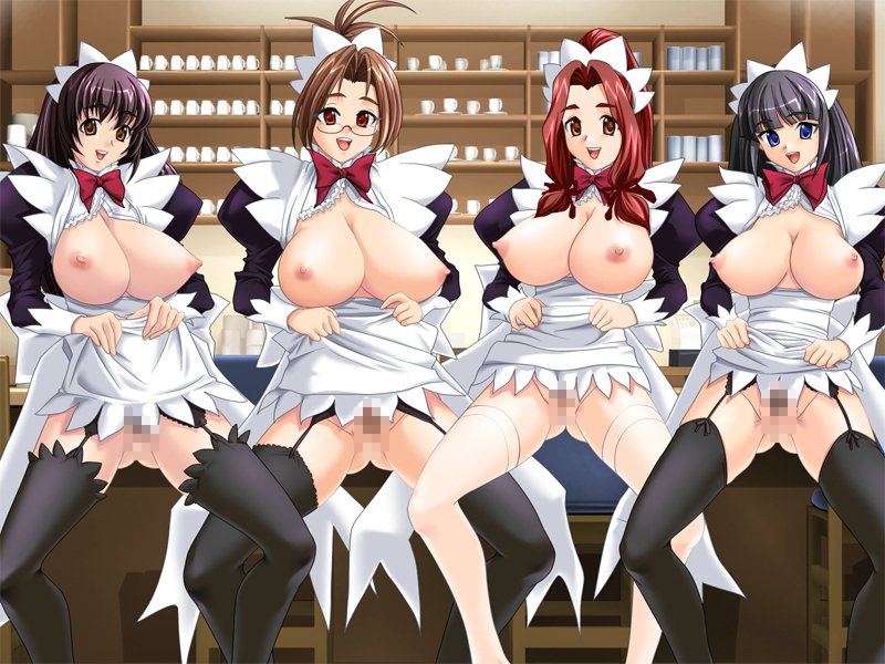 aga (artist), aizawa hitomi (kosutte gin gin), hayasaka yuumi, himesaki aoi, oohara momoko, kosutte gin gin, artist request, character request, copyright request, source request, 4girls, breasts, censored, garter belt, glasses, large breasts, maid, multiple girls, pussy, smile, take your pick, thighhighs