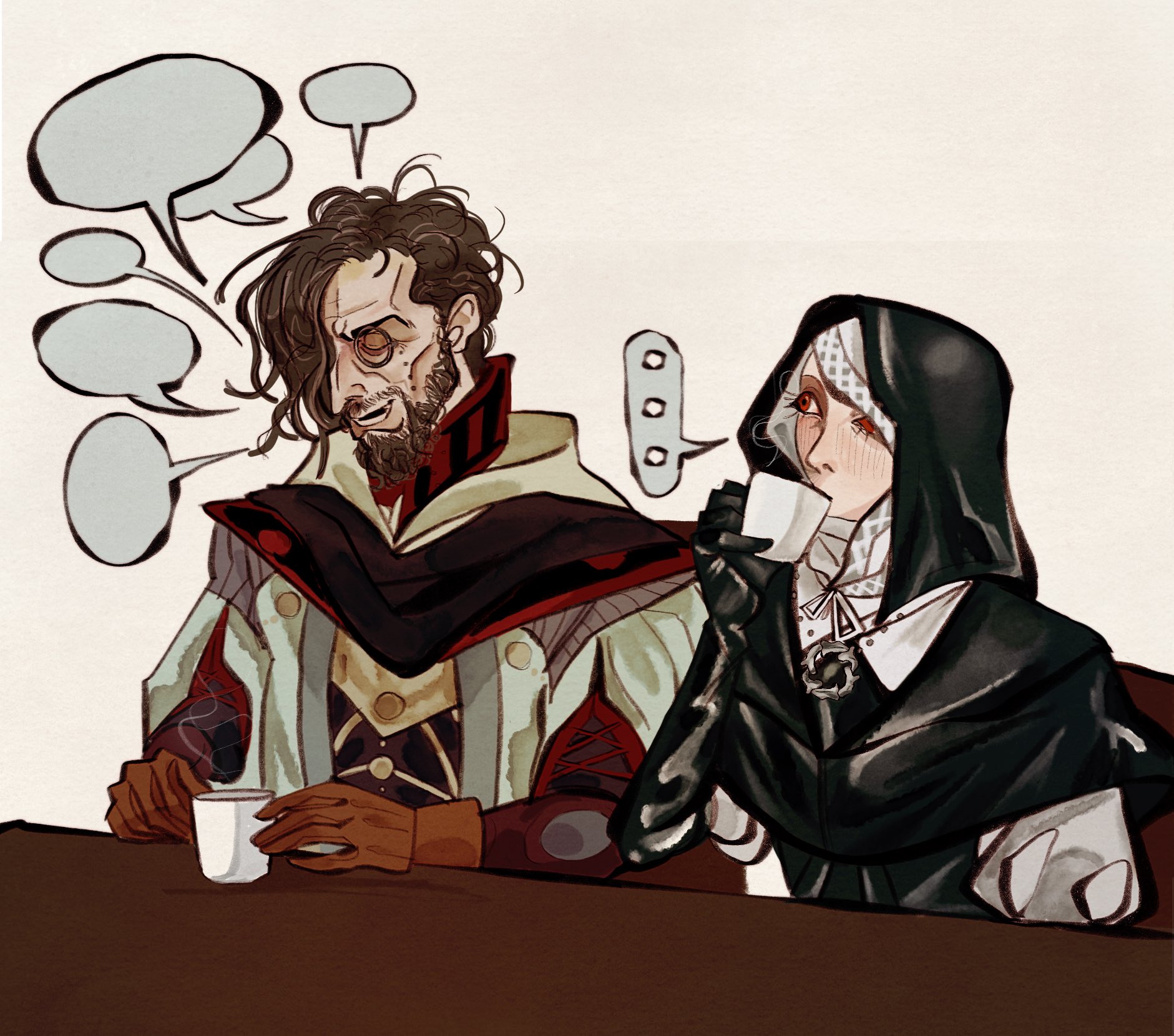 scholar (elden ring), undertaker (elden ring), elden ring, elden ring nightreign, commentary, english commentary, highres, …, 1boy, black capelet, black gloves, black hood, c0nniption, capelet, cup, dress, drinking, elbow gloves, facial hair, gloves, hair over one eye, looking at another, monocle, nun, one eye closed, open mouth, puffy sleeves, red eyes, robe, simple background, sitting, speech bubble, table, tea, upper body, white coif, white dress, white robe