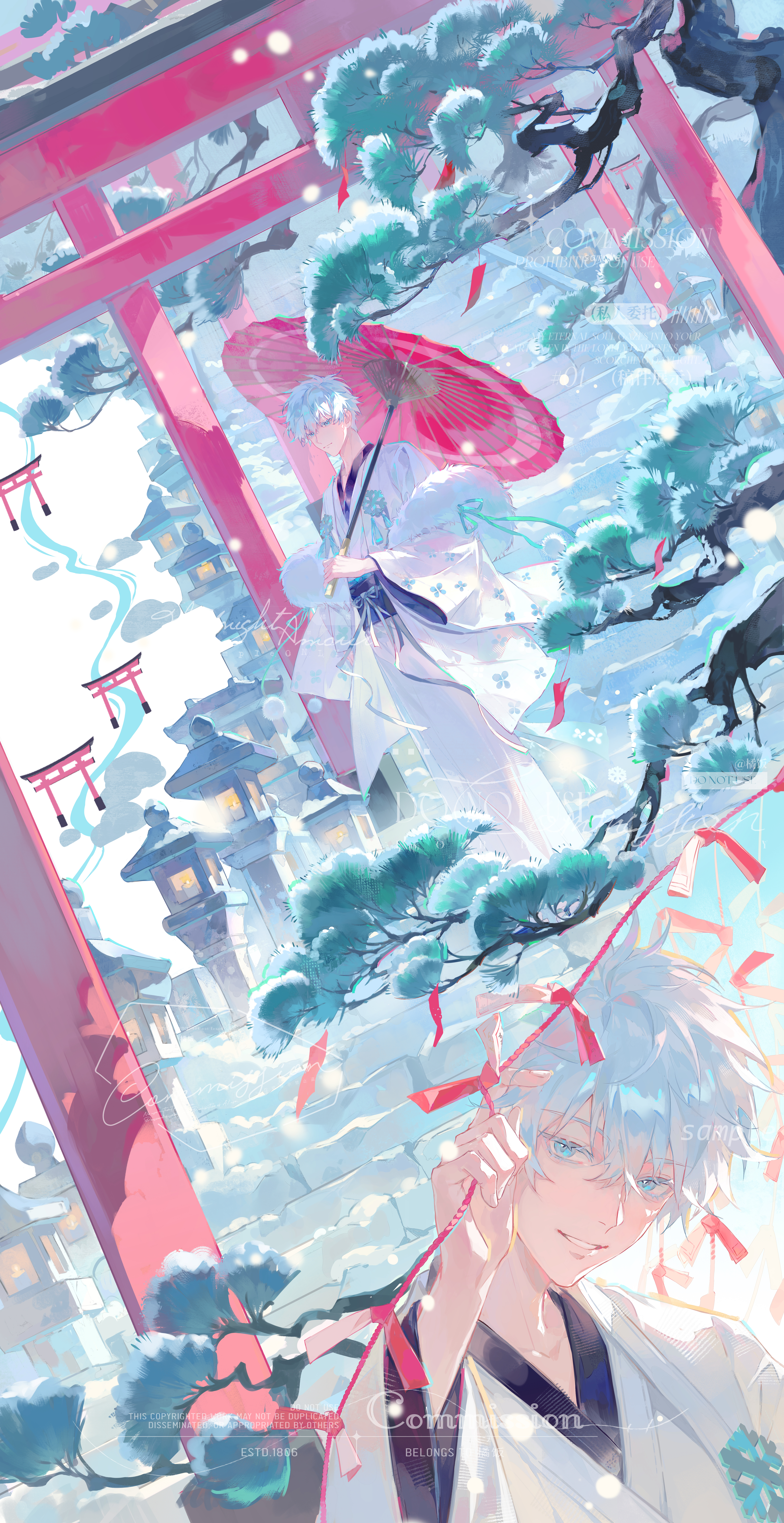 gojou satoru, jujutsu kaisen, absurdres, chinese commentary, commentary request, commission, highres, mixed-language commentary, 1boy, blue eyes, blue sash, fur shawl, holding, holding umbrella, japanese clothes, kimono, male focus, multiple torii, obi, obijime, oil-paper umbrella, on stairs, outdoors, sample watermark, sash, shawl, short hair, stone lantern, torii, umbrella, watermark, white hair, white kimono, white shawl, yuuuzu (jufan)