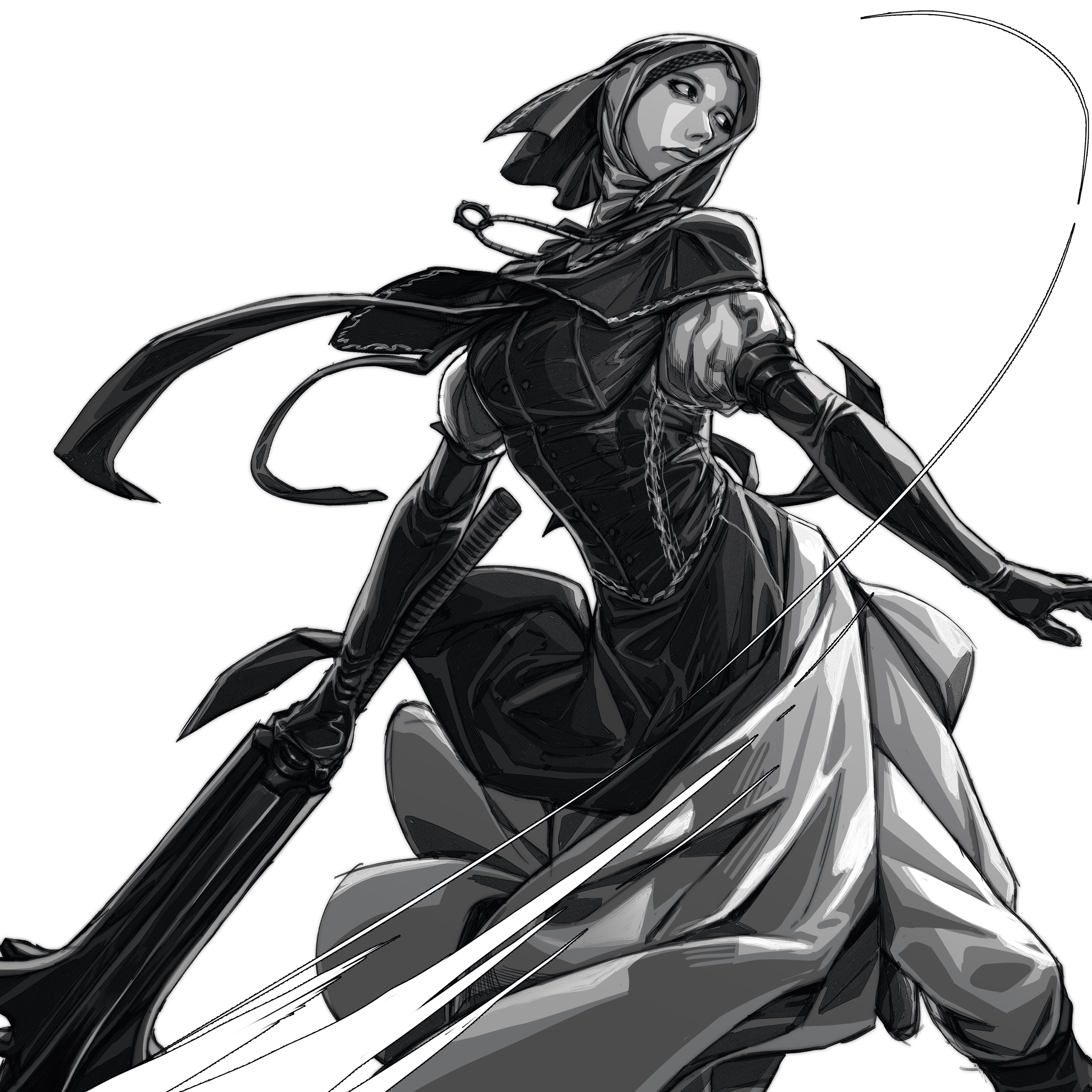 undertaker (elden ring), elden ring, elden ring nightreign, absurdres, commentary, english commentary, highres, 1girl, attack trail, black capelet, black gloves, black hood, boots, capelet, cropped legs, dress, dynamic pose, elbow gloves, flanged mace, gloves, greyscale, holding, holding weapon, jewelry, looking to the side, mace, monochrome, necklace, nicko febrian, solo, weapon, white background, white dress