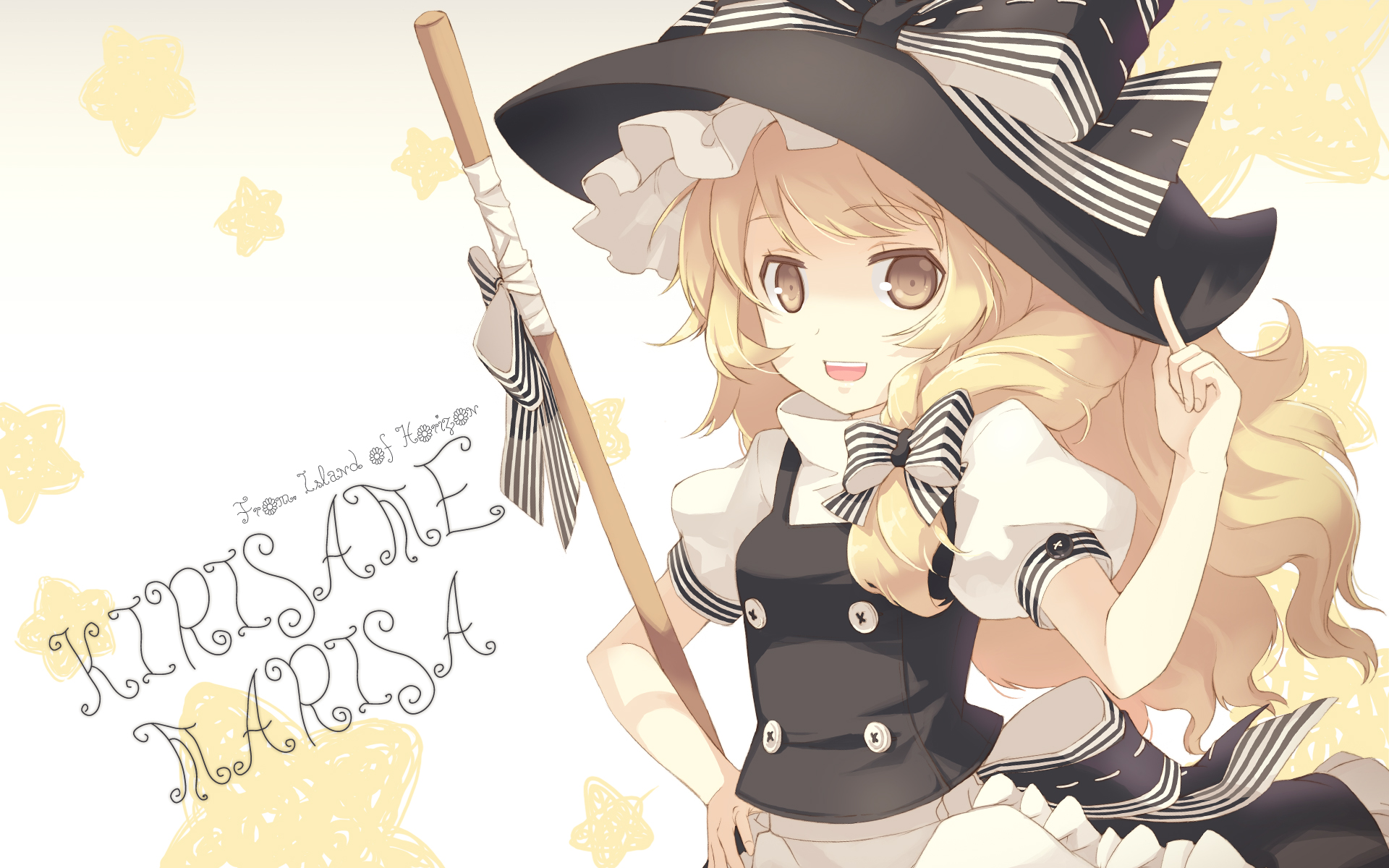 h2so4, kirisame marisa, touhou, highres, 1girl, blonde hair, braid, broom, female focus, gradient background, hat, long hair, skirt, solo, white background, witch, witch hat, yellow eyes