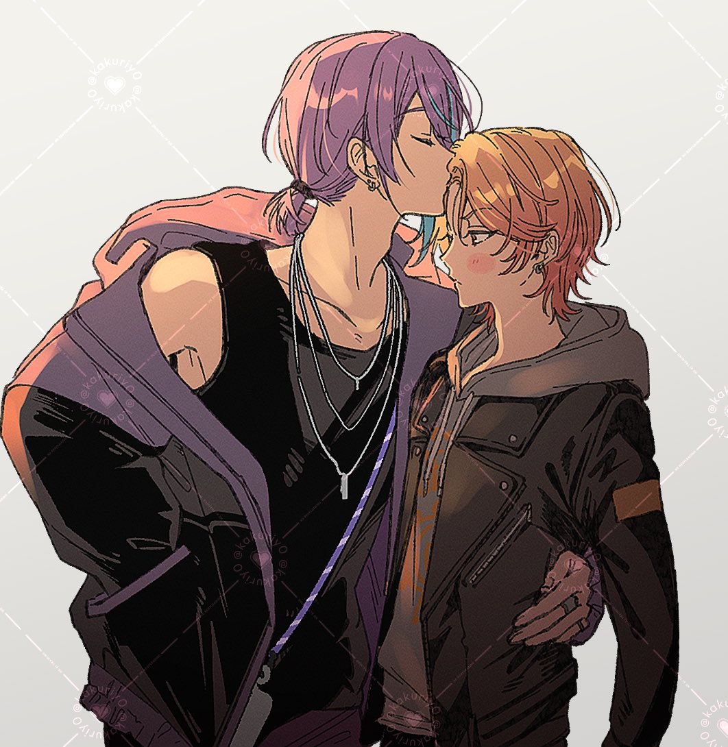 rn (kicakabe), kamishiro rui, tenma tsukasa, project sekai, zozotown, commentary, 2boys, adam's apple, black jacket, black shirt, black tank top, blonde hair, blush, collarbone, drawstring, earrings, grey background, grey hoodie, hand in pocket, hood, hood down, hoodie, jacket, jewelry, kiss, kissing forehead, lapels, long sleeves, male focus, multicolored hair, multiple boys, multiple necklaces, necklace, notched lapels, official alternate costume, official alternate hairstyle, piercing, ponytail, purple hair, shirt, short ponytail, simple background, streaked hair, tank top, upper body, watermark, yaoi