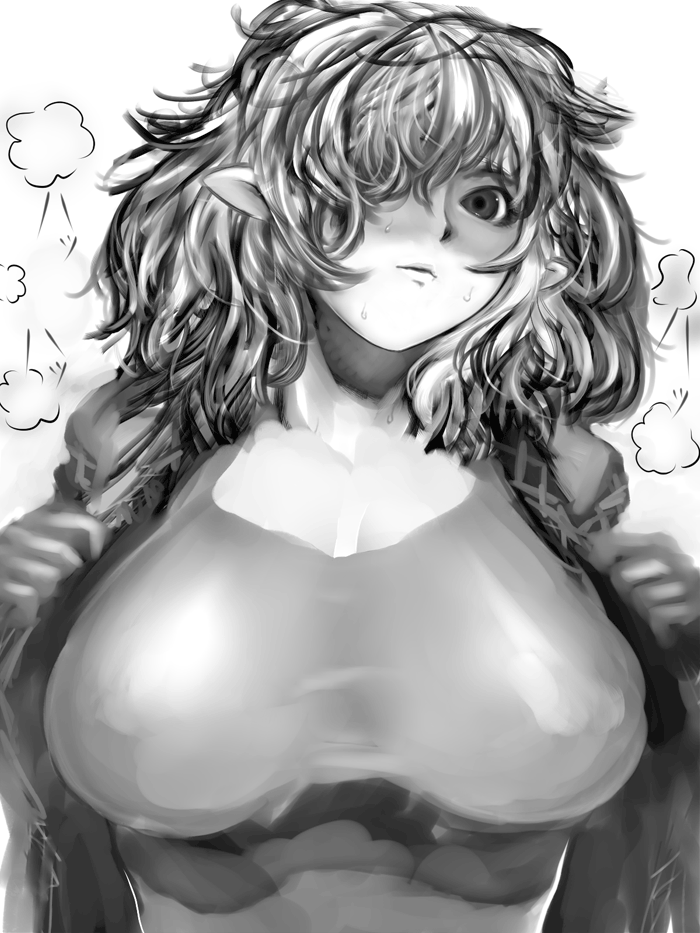 cong1991, mizuhashi parsee, touhou, bad id, bad pixiv id, 1girl, blush, breasts, breasts apart, cleavage, elf, female focus, greyscale, hair over one eye, huge breasts, monochrome, pointy ears, shirt, solo, taut clothes, taut shirt