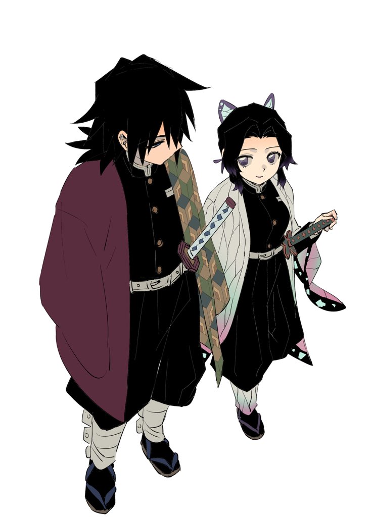 kochou shinobu, tomioka giyuu, kimetsu no yaiba, hashtag-only commentary, 1boy, 1girl, animal print, belt, black hair, black jacket, black pants, black socks, breasts, butterfly hair ornament, butterfly print, butterfly print haori, demon slayer uniform, from above, full body, gold buttons, hair ornament, hair over one eye, haori, jacket, japanese clothes, katana, light smile, long hair, looking at another, low ponytail, medium breasts, pants, parted bangs, ponytail, print haori, purple eyes, sandals, segven, sidelocks, socks, sword, tabi, updo, weapon, white background, white belt