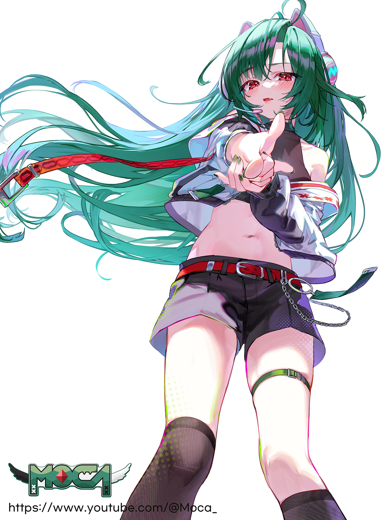 kokko (kokko3045), indie virtual youtuber, highres, 1girl, animal ear headphones, animal ears, asymmetrical legwear, belt, blush, cat ear headphones, cat ears, fake animal ears, finger gun, floating hair, green hair, headphones, long hair, looking at viewer, mochahyeong, navel, parted lips, red belt, red eyes, shorts, single bare shoulder, standing, stomach, thigh strap, white background
