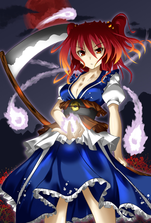 fuyuno taka, onozuka komachi, touhou, bad id, bad pixiv id, 1girl, breasts, cleavage, female focus, full moon, ghost, medium breasts, moon, red hair, scythe, skirt, solo, twintails, two side up