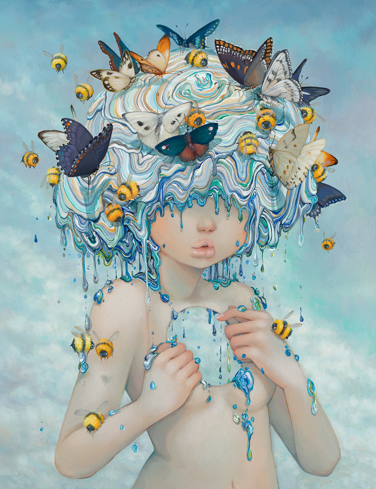 camilla d'errico, original, highres, 1girl, bee, breasts, bug, butterfly, cloud, cloudy sky, dripping, fingernails, hole in chest, hole on body, insect, keyhole lips, lips, liquid hair, moth, nose, nude, pale skin, sky, small breasts, solo, surreal, thick lips