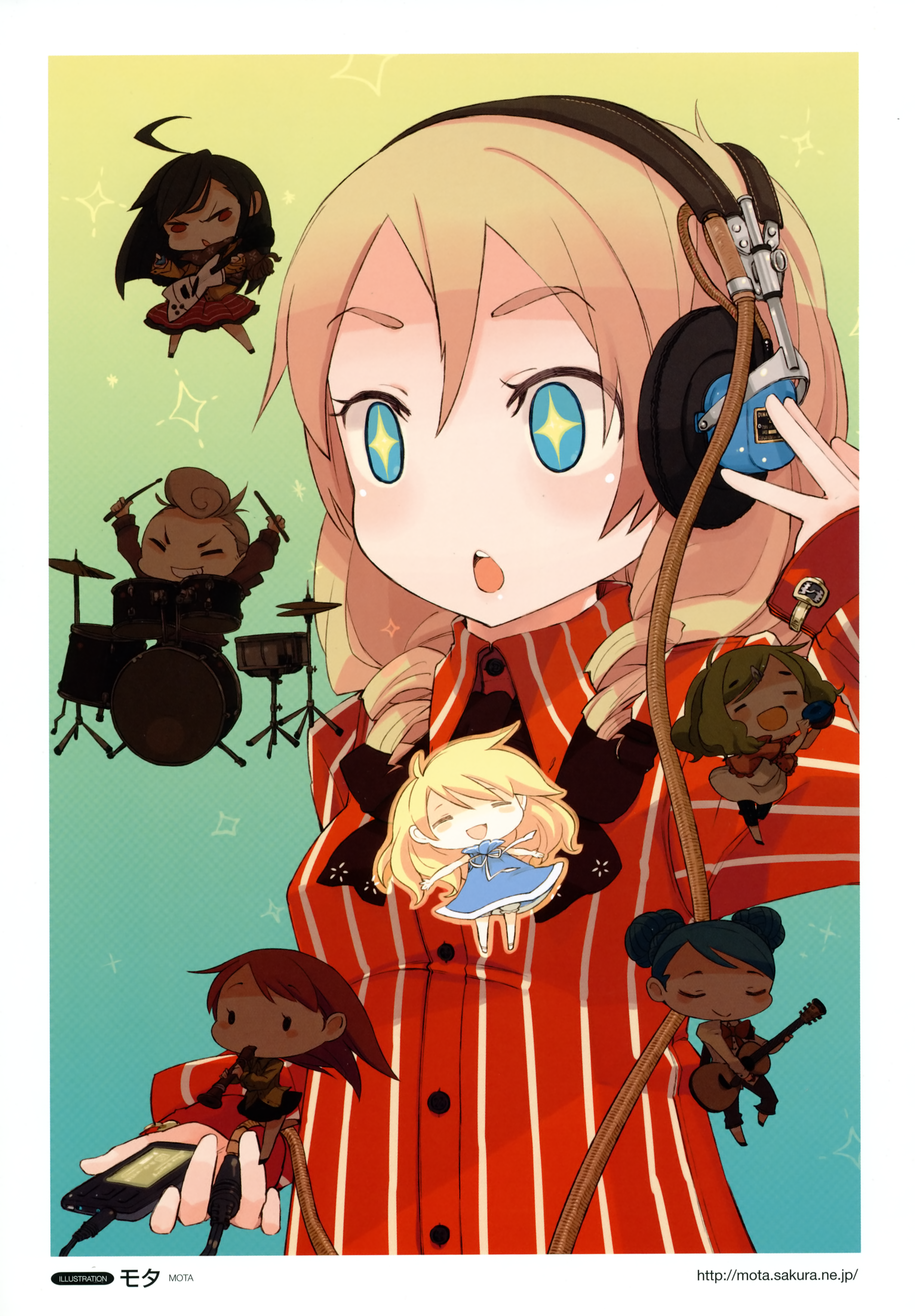 mota, original, striped, absurdres, highres, scan, + +, 6+girls, ahoge, band (music), blonde hair, blue eyes, castanets, clarinet, drill hair, drum, guitar, headphones, instrument, listening to music, mini person, minigirl, mp3 player, multiple girls