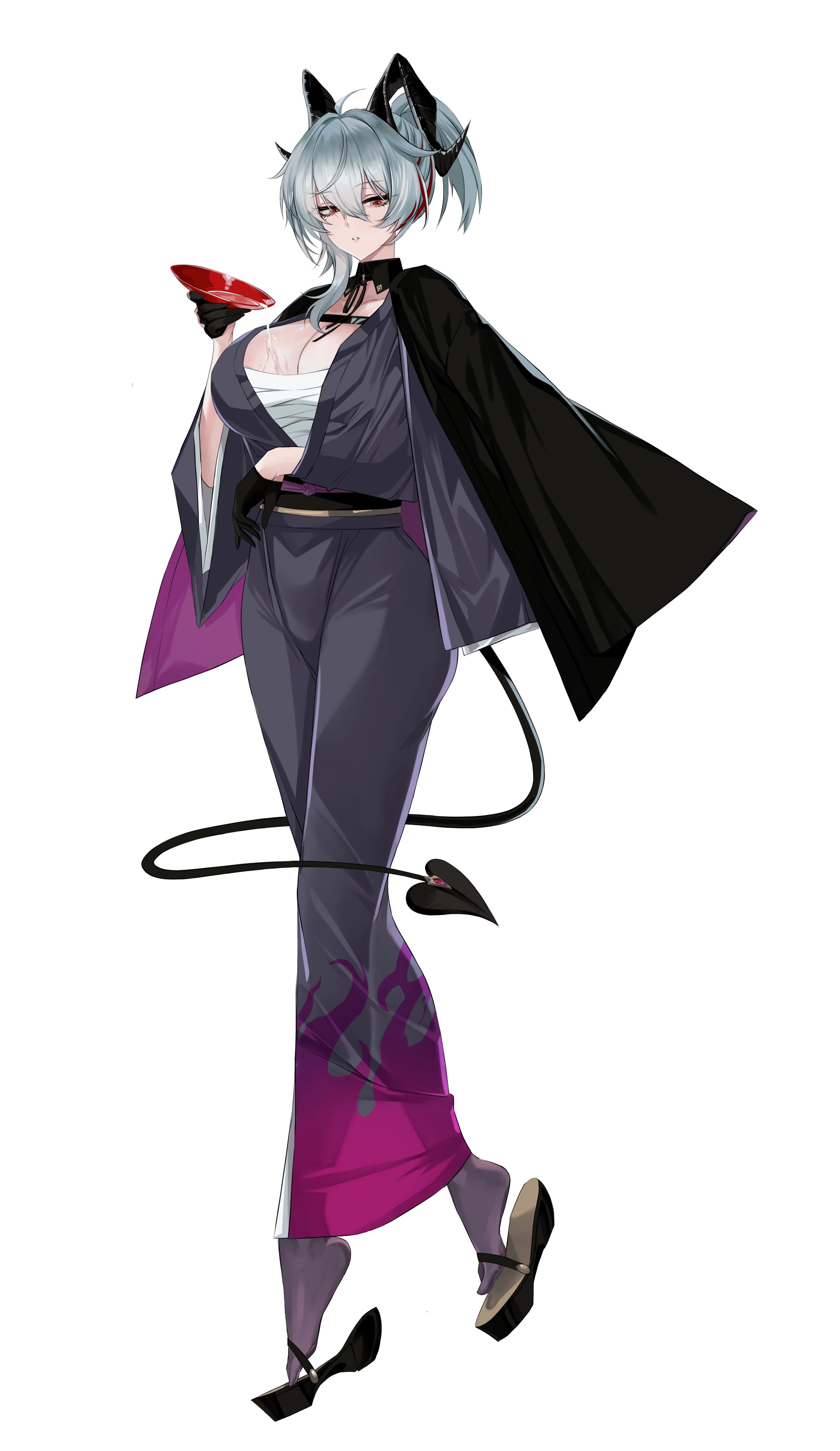 xsatoh, zani (wuthering waves), wuthering waves, absurdres, commentary, hashtag-only commentary, highres, 1girl, alternate costume, alternate hairstyle, arm under breasts, black gloves, black horns, black jacket, black kimono, black tail, breasts, cleavage, cup, curled horns, demon tail, full body, gloves, hair between eyes, holding, holding cup, horns, huge breasts, jacket, jacket on shoulders, japanese clothes, kimono, looking at viewer, multicolored hair, parted lips, pouring, pouring onto self, red eyes, sakazuki, simple background, solo, streaked hair, tail, white background